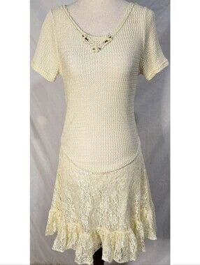 Vintage 90s 80s Yellow Lace A Line Dress Stretch Balletcore Cottagecore